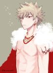  1boy arm_tattoo bakugou_katsuki bead_necklace beads beige_background blonde_hair boku_no_hero_academia earrings highres jewelry looking_at_viewer male_focus multiple_necklaces necklace pectorals red_eyes simple_background solo sparkle spiked_hair tattoo topless_male twitter_username ume_(326310) 