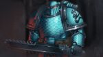  absurdres armor blue_armor blue_headwear breastplate chainsword chaos_space_marine helmet highres hydra kreuzer_00 pauldrons power_armor red_eyes scales shoulder_armor twitter_username warhammer_40k 