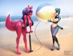  absurd_res anthro ball beach beach_ball big_breasts bikini breasts clothing duo elysianelly female female/female hi_res inflatable inflatable_toy inflatable_transformation inflation pool_toy pump pumping reflective_body seaside standing sunny swimwear water wide_hips 