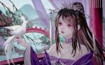  1girl bird branch curtains dress hair_ornament highres hua_jianghu_zhi_bei_mo_ting ponytail purple_dress purple_eyes river si_kongqi_(hua_jianghu_zhi_bei_mo_ting) si_kongqi_zhuye water weibo_id 