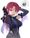 1girl absurdres arms_behind_head arms_up bangs bazett_fraga_mcremitz black_bodysuit blue_molmotto blush bodysuit breasts fate/grand_order fate_(series) highres large_breasts long_hair looking_at_viewer low_ponytail manannan_mac_lir_(fate) mole mole_under_eye mouth_hold parted_bangs pelvic_curtain red_eyes red_hair solo spoken_squiggle squiggle tying_hair 