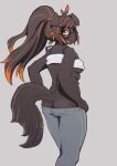  2019 antenna_hair anthro bangs bare_shoulders biped black_body black_eyewear black_fur black_hair black_nose black_tail blush bottomwear breasts butt canid canine canis clothed clothing cute_fangs digital_media_(artwork) domestic_dog eyebrow_through_hair eyebrows eyewear female floppy_ears from_behind_position fully_clothed fur glasses grey_background grey_bottomwear grey_clothing grey_pants hair hanadaiteol highlights_(coloring) kemono looking_back mammal medium_breasts monotone_body monotone_fur monotone_tail multi_breast multicolored_eyes multicolored_hair nipple_slip nipples oinu-chan_(hanadaiteol) open_mouth orange_hair pants pink_nipples pink_tongue red_eyes round_glasses sex shirt simple_background small_breasts solo standing tank_top tongue topwear translucent translucent_hair two_tone_eyes two_tone_hair under_boob white_clothing white_topwear yellow_eyes 