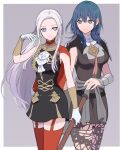  2girls adapted_costume aiguillette bangs black_cape black_dress black_legwear blue_eyes blue_hair breasts byleth_(fire_emblem) byleth_(fire_emblem)_(female) cape closed_mouth commentary cowboy_shot dress edelgard_von_hresvelg fire_emblem fire_emblem:_three_houses fr0zennnnnnet garter_straps gloves grey_background hair_between_eyes hair_ribbon hand_in_own_hair highres long_hair looking_at_another looking_to_the_side medium_breasts medium_hair multiple_girls pantyhose parted_bangs purple_eyes purple_ribbon red_cape red_legwear ribbon short_dress silver_hair simple_background sleeveless sleeveless_dress smile standing straight_hair thighhighs vambraces white_gloves 