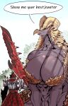  9:14 absurd_res anthro big_breasts breasts capcom duo elder_dragon english_text female genitals hi_res huge_breasts human kulve_taroth larger_anthro larger_female lemonbizate_(artist) male mammal monster_hunter muscular muscular_female pussy size_difference smaller_human smaller_male text video_games 