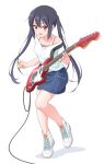  1girl bangs bare_shoulders black_hair blue_shirt blush buttons camisole collarbone commentary_request denim denim_skirt dresstrip eyebrows_visible_through_hair full_body guitar hair_between_eyes highres holding holding_instrument instrument k-on! long_hair looking_at_viewer nakano_azusa off-shoulder_shirt off_shoulder open_mouth pink_camisole red_eyes shirt shoes simple_background skirt smile sneakers solo strap teeth twintails upper_teeth very_long_hair white_background white_footwear white_shirt 