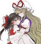  2girls bangs bare_shoulders black_hair blonde_hair bow brown_eyes brown_hair closed_mouth detached_sleeves dress eyebrows_visible_through_hair eyelashes frills hair_between_eyes hair_bow hair_ornament hair_tubes hakurei_reimu hat hat_bow hug juliet_sleeves light_brown_hair long_hair long_sleeves looking_at_another looking_down looking_up mob_cap multiple_girls one_side_up puffy_sleeves purple_vest red_bow red_dress short_hair simple_background smile t20210325 tabard touhou vest white_background white_dress white_headwear wide_sleeves yakumo_yukari yellow_eyes 