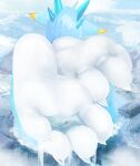  4_toes anthro barefoot blue_body building city cloud feet foot_focus horn lying macro male micro reptile scalie soles solo solutionwcs spacecraft toes unknown_species vehicle 