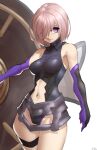  1girl absurdres armor armored_leotard bare_shoulders black_armor black_leotard breastplate closed_mouth clothing_cutout commentary detached_sleeves elbow_gloves english_commentary fate/grand_order fate_(series) gloves hair_over_one_eye highres holding holding_shield holding_weapon leotard lips looking_at_viewer mash_kyrielight navel one_eye_covered pink_hair pink_lips purple_eyes shield short_hair signature simple_background smile solo thighs weapon white_background x_xith_x 
