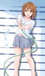  1girl bangs blue_skirt blush brown_eyes brown_hair collarbone commentary_request dresstrip eyebrows_visible_through_hair hair_between_eyes hair_ornament hairclip hirasawa_yui holding holding_hose hose k-on! looking_at_viewer miniskirt open_mouth shirt short_hair short_sleeves skirt smile solo thighs water white_shirt 