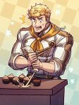  1boy artist_name baking bangs bara blonde_hair chef_uniform food granblue_fantasy green_eyes highres large_pectorals male_focus muffin muscular muscular_male neckerchief oneirio open_mouth pectorals shirt short_hair sleeves_rolled_up solo undercut vane_(granblue_fantasy) white_shirt 