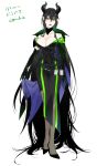 1girl absurdly_long_hair adapted_costume arms_at_sides bangs belt black_cape black_dress black_footwear black_hair breasts cape cape_hold cleavage closed_mouth crossed_bangs detached_collar dress elbow_gloves full_body genderswap genderswap_(mtf) gloves green_eyes hair_between_eyes high_heels highres horns large_breasts long_hair looking_at_viewer malleus_draconia pantyhose pointy_ears red_lips shirai simple_background solo standing stiletto_heels twisted_wonderland two-sided_cape two-sided_fabric very_long_hair white_background 
