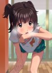  1girl absurdres akagi_miria bent_over breath brown_eyes brown_hair green_shorts hand_on_own_thigh hand_to_own_mouth heavy_breathing highres idolmaster idolmaster_cinderella_girls indoors shirt short_hair short_shorts short_sleeves shorts sinkunnuko solo sweat sweating_profusely thighs two_side_up wet wet_clothes wet_shirt white_shirt wiping_face wiping_sweat 