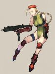  1girl beret blonde_hair braid breasts cammy_white closed_mouth dual_wielding gloves green_leotard gun gunspike hat holding imi_uzi knee_pads leotard long_hair roller_skates sakamoto_mineji simple_background skates solo street_fighter submachine_gun twin_braids weapon 