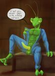  animal_humanoid anthro artdemonslair arthropod arthropod_humanoid balls clothed clothing english_text erection genitals hi_res humanoid insect insect_humanoid looking_at_viewer male mantis mantis_humanoid partially_clothed penis raised_leg simple_background sitting solo spread_legs spreading text 