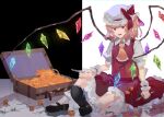  1girl ascot black_footwear blonde_hair bobby_socks bow chrysanthemum collared_shirt commentary crystal flandre_scarlet flower fork full_body glowing hat hat_bow highres holding holding_fork holding_knife knife looking_at_viewer mary_janes mob_cap on_ground open_mouth orange_flower puffy_short_sleeves puffy_sleeves red_bow red_eyes red_skirt red_vest shirt shoe_soles shoes short_hair short_sleeves shuukenyuu sitting skirt skirt_set socks solo suitcase touhou tsurime vest white_headwear white_legwear white_shirt wings wrist_cuffs yellow_ascot 