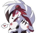  &lt;3 anthro areola black_claws breast_fondling breast_play breasts canid canine claws female fondling fur gantan hand_on_breast lycanroc mammal midnight_lycanroc nintendo nipples pink_areola pink_nipples pok&eacute;mon pok&eacute;mon_(species) red_body red_eyes red_fur self_fondle sharp_teeth simple_background solo teeth video_games white_background white_body white_fur 