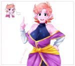  1girl :d aka_nobodyy bare_shoulders blush breasts chronoa cleavage colored_skin detached_sleeves dragon_ball dragon_ball_xenoverse earrings english_text grin highres index_finger_raised jewelry large_breasts multiple_views open_mouth orange_hair pink_skin pointy_ears potara_earrings short_hair skin_tight smile twitter_username 