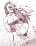  1girl abs breasts casual_one-piece_swimsuit cleavage covering_face freckles greyscale gris_swimsuit highleg highleg_swimsuit highres indoors long_hair meme_attire monochrome muscular muscular_female musketsgoboom one-piece_swimsuit original see-through see-through_swimsuit selfie sink smile solo strapless strapless_swimsuit swimsuit tile_wall tiles tongue tongue_out underboob 