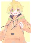  1girl 2y_(tsuyu) blonde_hair clenched_hand collared_shirt drawstring ebihara_chikage gundam gundam_n-extreme hood hooded_jacket jacket open_mouth orange_jacket orange_shirt shirt short_hair smile solo upper_body v-shaped_eyebrows 