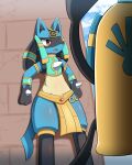 2022 anthro black_body blue_body blue_ears blue_tail bottomwear clothing egyptian_clothing hi_res loincloth lucario multicolored_clothing nintendo open_mouth pink_tongue pok&eacute;mon pok&eacute;mon_(species) spikes spikes_(anatomy) sum teeth tongue video_games yellow_clothing 
