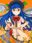  1girl absurdres black_headwear blue_hair bow bowtie food fruit gavieeiee hat highres hinanawi_tenshi leaf long_hair looking_at_viewer orange_background puffy_short_sleeves puffy_sleeves red_bow short_sleeves smile solo sword_of_hisou touhou 