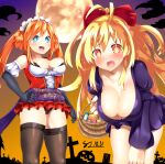  2girls :d bent_over black_gloves black_legwear black_panties blonde_hair blue_eyes blush bow breasts cleavage dated dress elbow_gloves fang food full_moon gloves hair_between_eyes hair_bow hair_rings halloween halloween_costume happy highres kurozero large_breasts long_hair looking_at_viewer maid_headdress medium_breasts moon multiple_girls neptune_(series) orange_eyes orange_hair orange_heart outdoors panties power_symbol pumpkin purple_dress red_bow red_dress revealing_clothes shin_jigen_game_neptune_vii short_dress skindentation sleeveless sleeveless_dress smile sweets thighhighs tombstone twintails underwear upskirt very_long_hair yellow_eyes yellow_heart 