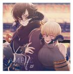  1boy 1girl au_ra beer_mug black_gloves black_hair black_sweater blurry blurry_background breasts cup dango dragon_horns final_fantasy final_fantasy_xiv fingerless_gloves food glasses gloves heart highres horns huge_breasts mug open_mouth platinum_blonde_hair purple_eyes sample_watermark scales short_hair sleeveless sleeveless_sweater smile sweater upper_body vxiv4v wagashi white_eyes 