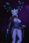  antlers areola big_breasts blizzard_entertainment breasts cleavage clothed clothing dress female genitals glowing glowing_eyes horn horned_humanoid humanoid lips mature_female nipples presenting pussy solo thick_thighs underwear video_games warcraft whitefrelia wide_hips winter_queen 