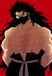  1boy abs bara belt biceps black_eyes black_hair hakama hands_in_pants japanese_clothes large_pectorals long_hair long_sideburns male_focus manly mask mouth_mask muscular muscular_male nipples original pants pectorals red_background scar scar_on_chest scar_on_stomach sideburns solo sugo6969 thick_arms thick_eyebrows topless topless_male veins veiny_arms 