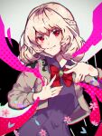  1girl aojirozame1228 bow bowtie braid brooch chromatic_aberration dress film_grain french_braid highres jacket jewelry kishin_sagume long_sleeves looking_at_viewer open_clothes open_jacket purple_dress red_bow red_eyes red_neckwear short_hair single_wing smile solo touhou wings 