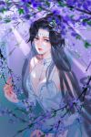  1girl absurdres bare_shoulders black_hair blue_eyes doupo_cangqiong dress flower hair_ornament highres light_rays long_hair purple_flower sad shade weibo_id white_dress yun_yun_(doupo_cangqiong) yun_yun_guan_bo 