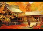  1boy architecture autumn_leaves black_hair broom building child cleaning dated_commentary day east_asian_architecture facial_mark garden highres holding holding_broom japanese_clothes kimetsu_no_yaiba kimono letterboxed long_sleeves medium_hair outdoors railing red_kimono shadow solo standing torn_clothes tree tsugikuni_yoriichi wuya_(zhalv) zouri 