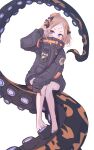  1girl abigail_williams_(fate) abigail_williams_(traveling_outfit)_(fate) absurdres bandaid bandaid_on_face bandaid_on_forehead bangs barefoot black_bow black_jacket blonde_hair blue_eyes bow breasts crossed_bandaids fate/grand_order fate_(series) forehead hair_bow hair_bun high_collar highres jacket long_hair long_sleeves multiple_bows orange_belt orange_bow parted_bangs polka_dot polka_dot_bow ropen_yoji sitting sleeves_past_fingers sleeves_past_wrists small_breasts tentacles 