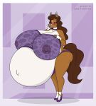  2021 anklet anthro areola bedroom_eyes belly big_belly big_breasts blush breasts brown_hair butt clothing digital_media_(artwork) equid equine female fur hair hand_on_breast hi_res high_heels horse huge_breasts hyper hyper_belly hyper_breasts jewelry laine_(mach.kick) lingerie mammal multicolored_body multicolored_fur narrowed_eyes navel nipple_outline nipples outie_navel satsumalord seductive solo translucent translucent_clothing two_tone_body two_tone_fur wide_hips 
