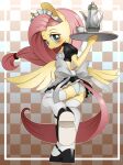  anthro blush chacrawarrior checkered_background clothing equid equine female fluttershy_(mlp) friendship_is_magic hi_res holding_tray legwear looking_at_viewer maid_uniform mammal my_little_pony panties pattern_background pegasus rear_view simple_background smile solo thigh_highs underwear uniform upskirt wings 