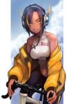  1girl bicycle black_hair breasts crop_top dark-skinned_female dark_skin ground_vehicle headphones hinoru_saikusa jacket looking_at_viewer medium_breasts multicolored_hair off_shoulder open_clothes open_jacket original short_hair sleeveless smile solo streaked_hair yellow_eyes 