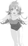  absurdres ahoge ass_visible_through_thighs blush_stickers breasts collarbone commentary_request eyebrows_visible_through_hair greyscale hair_between_eyes highres idolmaster idolmaster_shiny_colors komiya_kaho long_hair looking_at_viewer medium_breasts monochrome one-piece_swimsuit open_mouth outstretched_arms shinkun_(natsume_so) smile solo spread_arms swimsuit thighs 