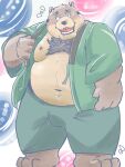  2022 3:4 anthro belly big_belly blush bodily_fluids bottomwear clothed clothing dain_4201 hi_res humanoid_hands kemono male mammal moobs navel nipples open_clothing open_shirt open_topwear overweight overweight_male pants shirt solo sweat topwear ursid 