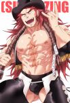  1boy abs bara biceps crotchless hat large_pectorals leather leather_pants long_sideburns looking_at_viewer male_focus male_swimwear manly muscular muscular_male navel nipples open_mouth original pants pectorals red_hair robe scar scar_on_chest scar_on_stomach scarf sideburns smile solo sugo6969 swim_briefs text_focus thick_arms thick_eyebrows thick_thighs thighs topless topless_male yellow_eyes 