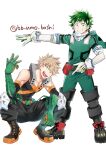  2boys bakugou_katsuki bare_shoulders blonde_hair bodysuit boku_no_hero_academia boots explosive freckles gloves green_bodysuit green_eyes green_gloves green_hair grenade grin highres hood hood_down looking_at_viewer male_focus mask mask_removed midoriya_izuku multiple_boys open_mouth pectorals red_eyes simple_background smile spiked_hair squatting tongue tongue_out twitter_username ume_(326310) v-shaped_eyebrows white_background white_gloves 