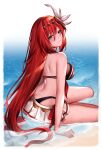 1girl absurdres annno_ans arm_support bangs bare_shoulders bikini bikini_skirt blue_eyes blush breasts commentary_request commission godsworn_alexiel granblue_fantasy hair_ornament highres lips long_hair looking_at_viewer medium_breasts red_hair shiny shiny_hair shiny_skin shore simple_background sitting skeb_commission smile swimsuit thighs water water_drop wet 
