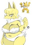  anthro belly big_belly big_breasts blonde_hair bodily_fluids breasts clothing collar control_collar digital_media_(artwork) female fur hair hi_res holding_object huge_breasts humanoid hypno_(pok&eacute;mon) hypnosis mammal mind_control navel neck_tuft nintendo pok&eacute;mon pok&eacute;mon_(species) puppychan48 simple_background solo tuft underwear video_games yellow_body yellow_fur 