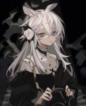  1girl animal_ear_fluff arknights bangs black_dress bubaoheting dark_background dress flower hair_between_eyes hair_flower hair_ornament heavyrain_(tranquil_moss)_(arknights) highres holding long_hair long_sleeves looking_at_viewer off_shoulder official_alternate_costume parted_lips purple_eyes rose silver_hair solo upper_body white_flower white_rose 