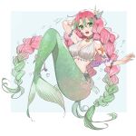  1girl air_bubble arm_behind_head armlet blue_background braid breasts bubble cleavage deer_(deer423-81) fins frills full_body gradient_hair green_eyes green_hair jewelry kanroji_mitsuri kimetsu_no_yaiba large_breasts long_hair looking_at_viewer mermaid mole mole_under_eye monster_girl monsterification multicolored_hair multiple_braids necklace pearl_(gemstone) pink_hair seashell shell shell_hair_ornament solo starfish starfish_hair_ornament submerged symbol-only_commentary tail tail_ornament tri_braids tri_tails two-tone_hair 