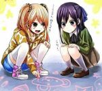  2girls aihara_mei aihara_yuzu animal_print bear_print black_ribbon blonde_hair blue_ribbon brown_skirt child citrus_(saburouta) denim dress green_dress green_eyes jeans legwear lowres multiple_girls pants pink_footwear purple_hair ribbon shoes skirt white_legwear yellow_dress yuri 