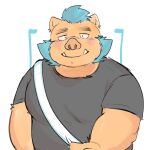  2022 anthro belly big_belly blue_hair blush clothing cute_fangs gouryou hair kemono lifewonders male mammal overweight overweight_male shirt simple_background solo suid suina sus_(pig) tokyo_afterschool_summoners topwear video_games whitebeast20 wild_boar 