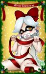  absurd_res breasts cephalopod chacrawarrior christmas convenient_censorship ear_piercing ear_ring english_text female hi_res holidays humanoid humanoid_pointy_ears inkling kneeling looking_at_viewer marina_(splatoon) marine mollusk nintendo not_furry nude paper_in_mouth piercing pseudo_hair pupils ribbons solo splatoon star tentacle_hair tentacles text unusual_pupils video_games 