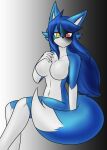  2022 anthro blue_body blue_fur blue_hair breasts canid canine digital_media_(artwork) dipstick_ears featureless_breasts female fox frown fur gloves_(marking) hair hand_on_chest heterochromia hi_res leg_markings long_hair looking_at_viewer lyndis_lhars mammal markings multicolored_body multicolored_ears multicolored_fur red_eyes serious simple_background socks_(marking) solo tetsushi two_tone_body two_tone_fur white_body white_fur yellow_eyes 