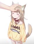  2022 40hara :3 animal_humanoid cat_humanoid child clothed clothing disembodied_hand duo eyes_closed felid felid_humanoid feline feline_humanoid female hair hi_res humanoid kinako_(40hara) mammal mammal_humanoid petting shirt simple_background smile solo_focus tan_hair topwear white_background young 