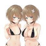  2girls aogiri_koukou_game_club aqua_eyes arm_between_breasts bangs between_breasts bikini black_bikini black_choker blush breasts brown_hair choker closed_mouth eyebrows_visible_through_hair halter_top halterneck heart heart-shaped_pupils highres kkix25 kurikoma_komaru looking_at_viewer multiple_girls short_hair small_breasts string_bikini swimsuit symbol-shaped_pupils upper_body virtual_youtuber 